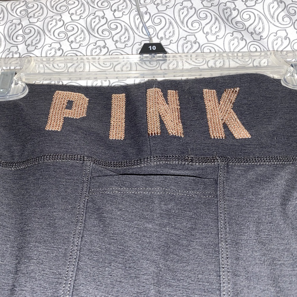 Victoria's Secret Pink Bling Super Soft Strappy Leggings Gray Gold Logo XS GUC!